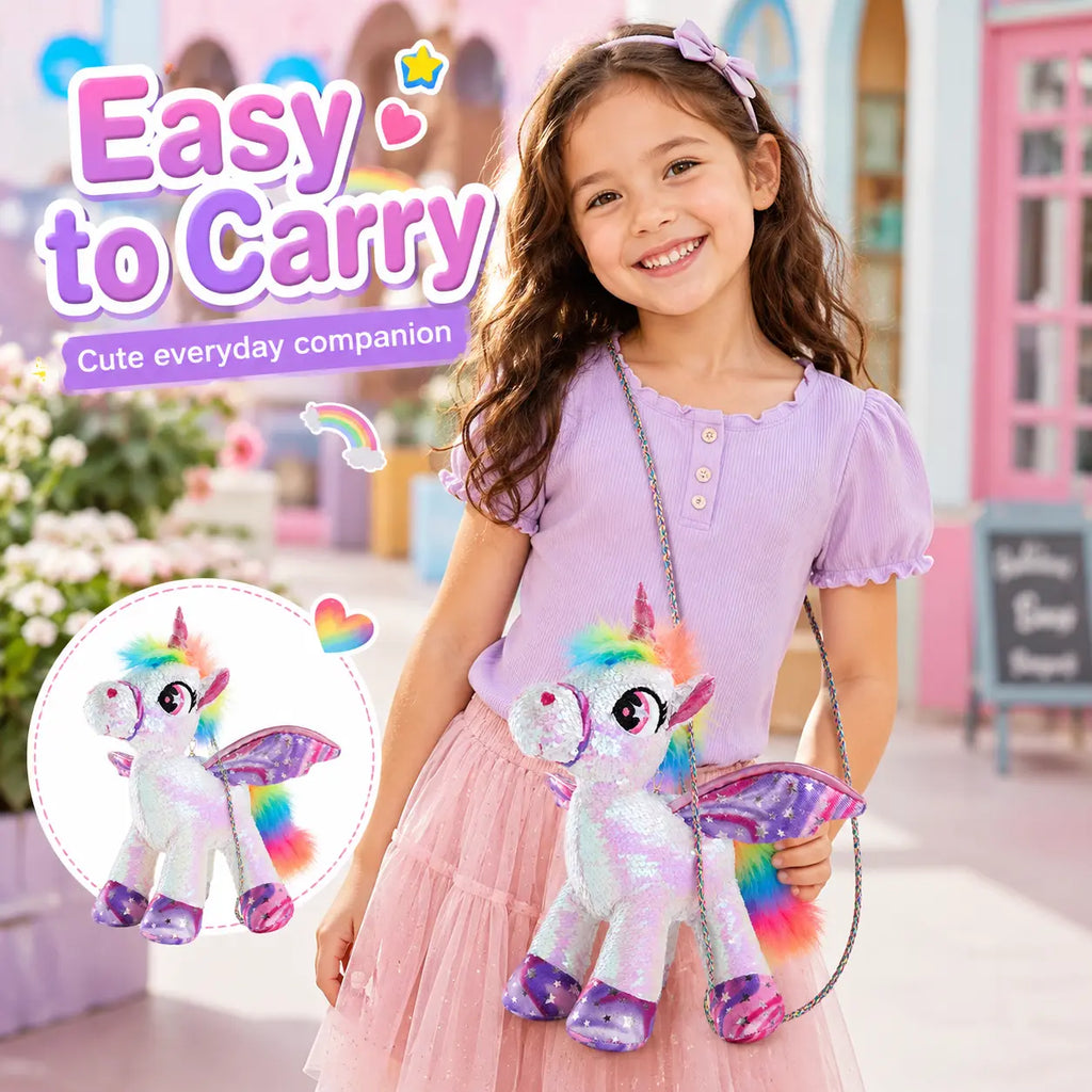 WEWILL 15" Sequin Unicorn Stuffed Animal Toy, Reversible Rainbow Sequin Plush with Hidden Pocket and Crossbody Strap, Gift for Girls