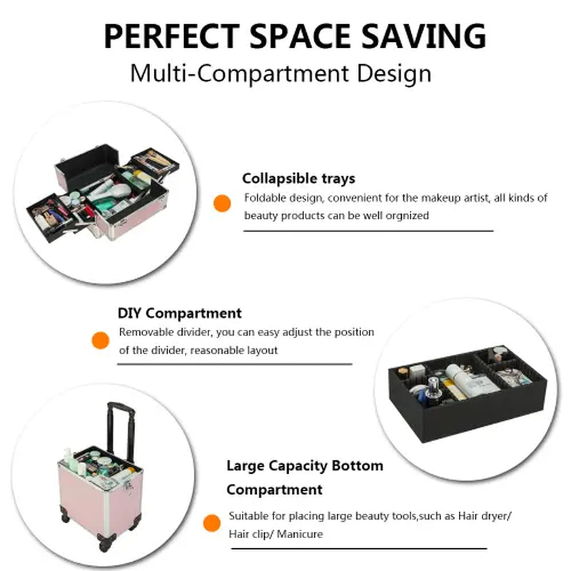 Omysalon 4-In-1 Rolling Makeup Train Case - Travel Cosmetic Bag, Makeup Storage Bag, Lift Handle, 4 Removable Lockable Wheels with Keys, Aluminum Trolley Organizer for Beauty Professionals, Ideal Xmas/New Year Gift
