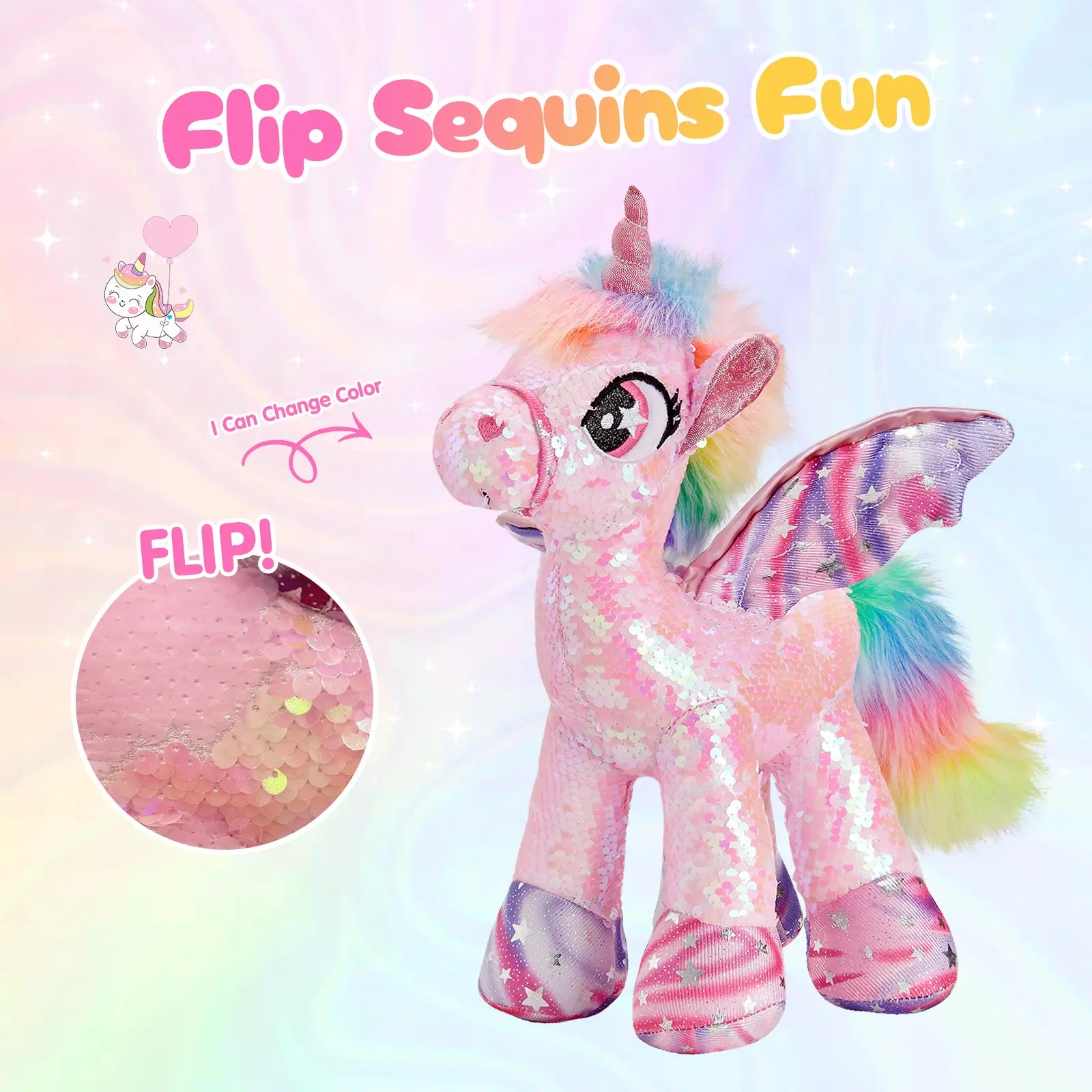 WEWILL 15" Sequin Unicorn Stuffed Animal Toy, Reversible Rainbow Sequin Plush with Hidden Pocket and Crossbody Strap, Gift for Girls