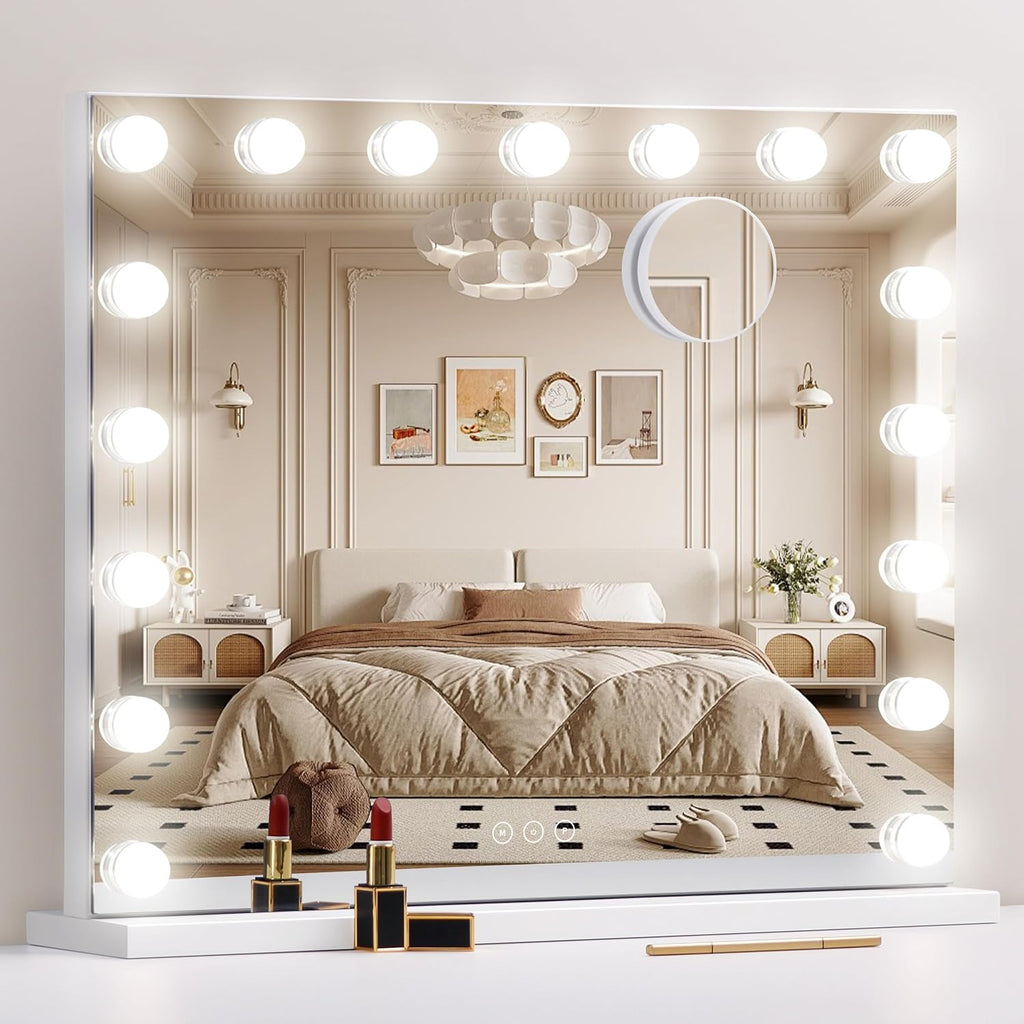 Vanity Mirror with Lights,Makeup Mirror with 17 Dimmable LED Bulbs, 3 Color Lighting Modes Detachable 10X Magnification Mirror Touch Control, 23.6X19,7 Inch, White