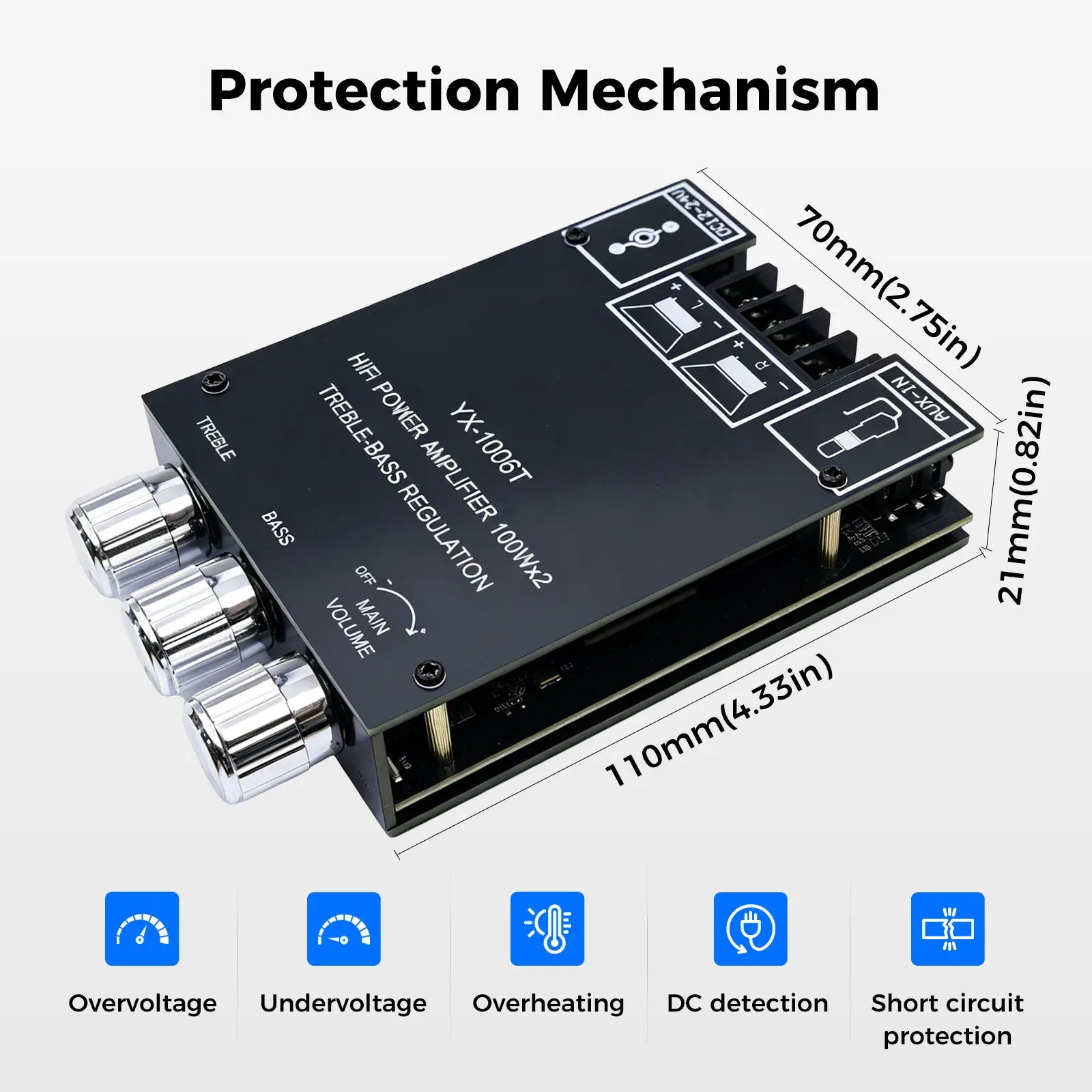 YX-1006T Bluetooth Amplifier Board 2.0CH 100W*2 Mini Audio AMP with Treble and Bass Control, BT and AUX Inputs, DC 12-24V Stereo AMP Module for Home Speakers,Miniamplifier