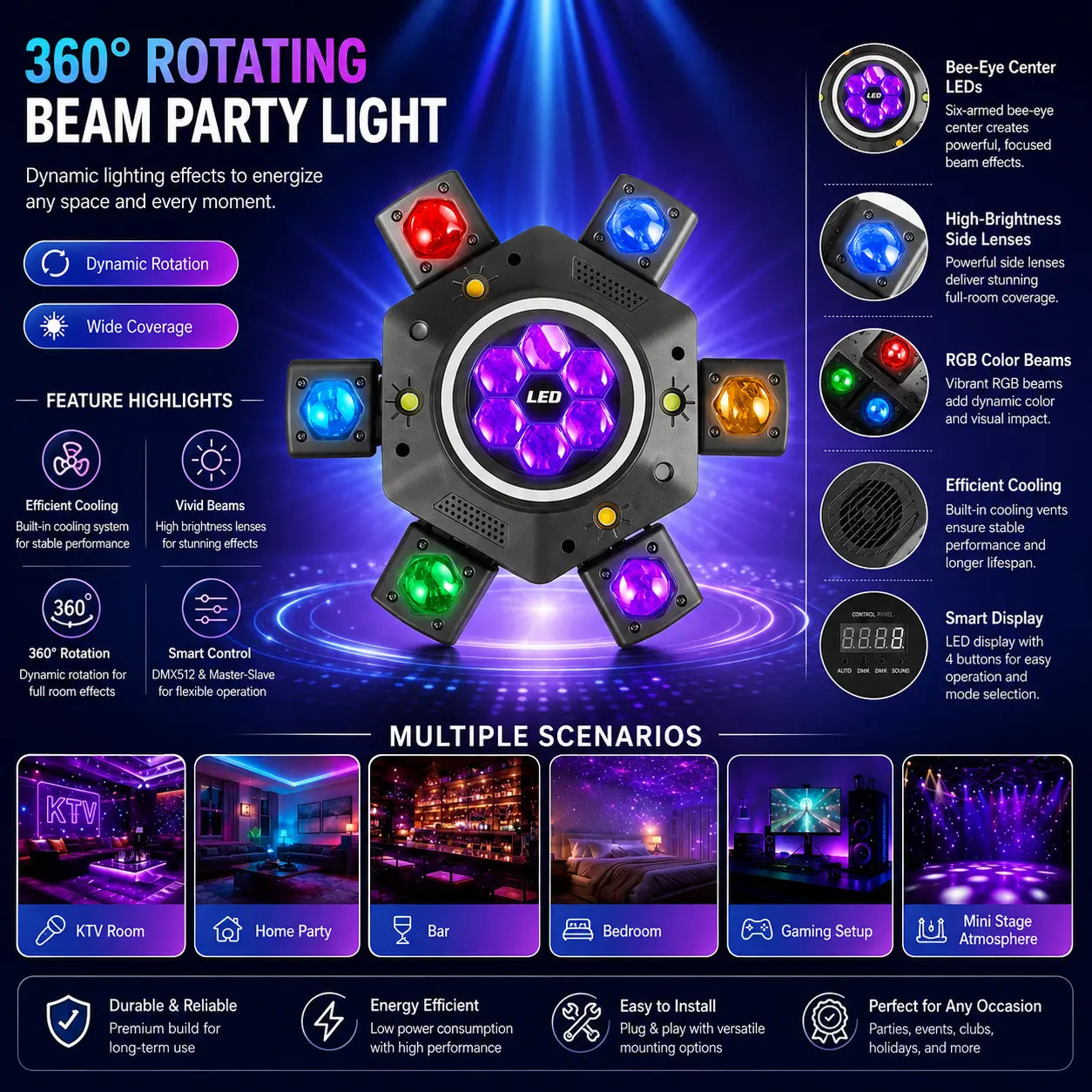 [NEW] XDV 6-Eye 6-Arm 150W RGBW Moving Head Party Light - Sound-Active DJ Light with Red, Green Laser, White, Gold Strobe, Remote Control for Home Parties, Birthdays, Holidays,Halloween Day