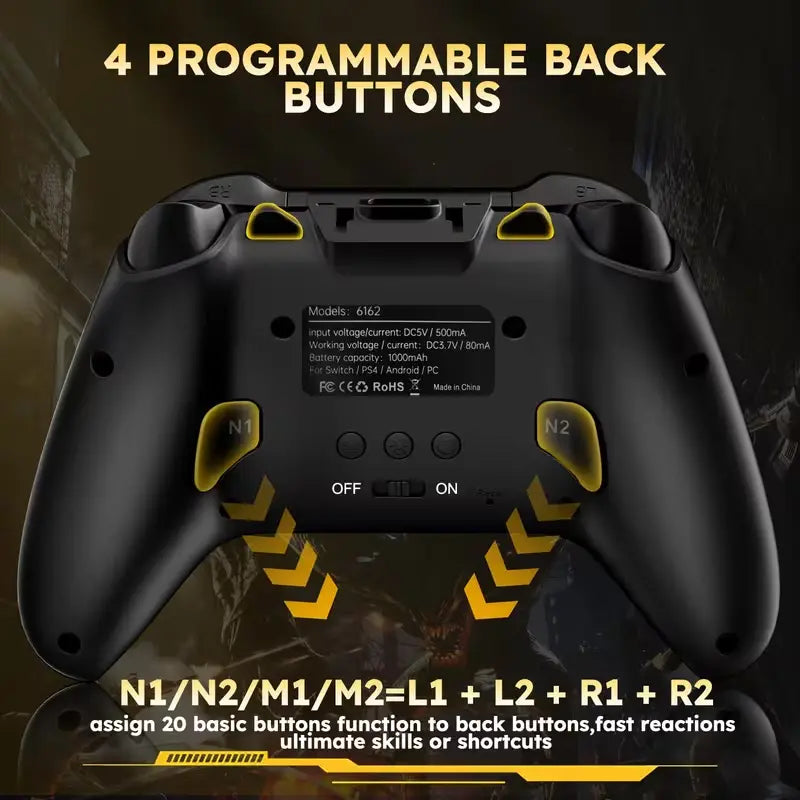Wireless Interactive Screen Game Controller Compatible with for PC, PS4, Switch, Android, and Ios Devices, Featuring 4 Programmable Buttons, Rapid Fire Function, Six-Axis Gyroscope, Dual Vibration Feedback, and RGB Lighting