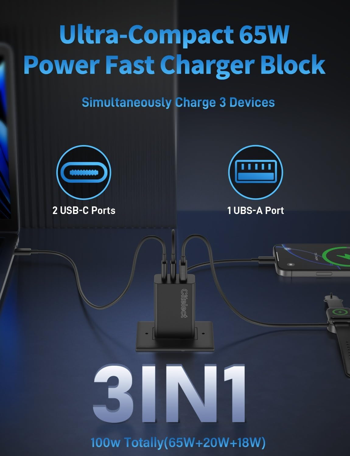 65W USB C Charger Block, 3Port Super Fast Charging Adapter for Samsung S26 | Gan Type-C Charging Block PD/QC 3.0 for Samsung S26/S25/S24, Macbook Pro/Air,Ipad, Iphone 17/16-2Port Usbc+1Port USB a -3Pack