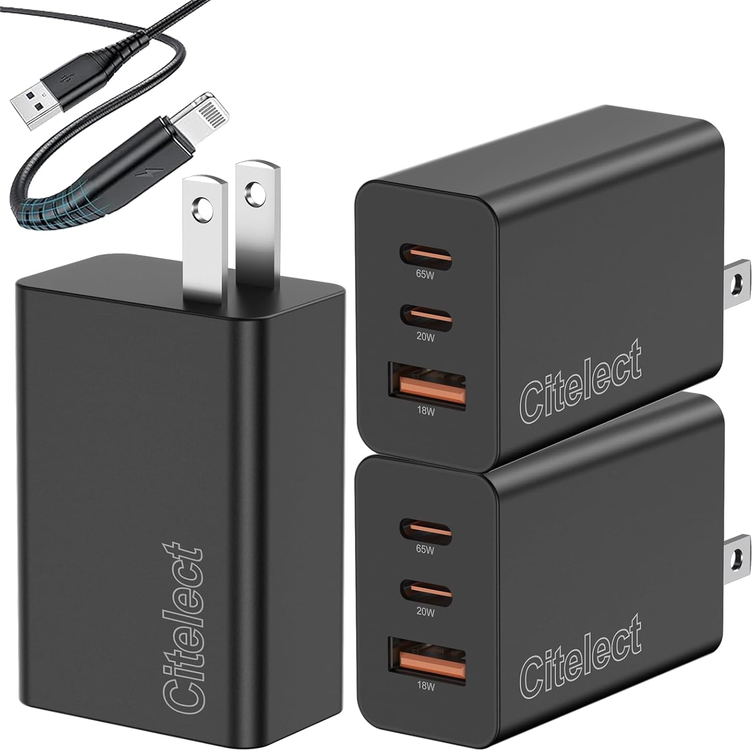 65W USB C Charger Block, 3Port Super Fast Charging Adapter for Samsung S26 | Gan Type-C Charging Block PD/QC 3.0 for Samsung S26/S25/S24, Macbook Pro/Air,Ipad, Iphone 17/16-2Port Usbc+1Port USB a -3Pack