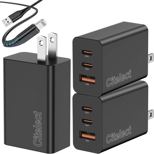 65W USB C Charger Block, 3Port Super Fast Charging Adapter for Samsung S26 | Gan Type-C Charging Block PD/QC 3.0 for Samsung S26/S25/S24, Macbook Pro/Air,Ipad, Iphone 17/16-2Port Usbc+1Port USB a -3Pack