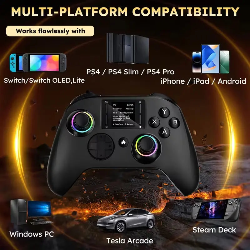 Wireless Interactive Screen Game Controller Compatible with for PC, PS4, Switch, Android, and Ios Devices, Featuring 4 Programmable Buttons, Rapid Fire Function, Six-Axis Gyroscope, Dual Vibration Feedback, and RGB Lighting