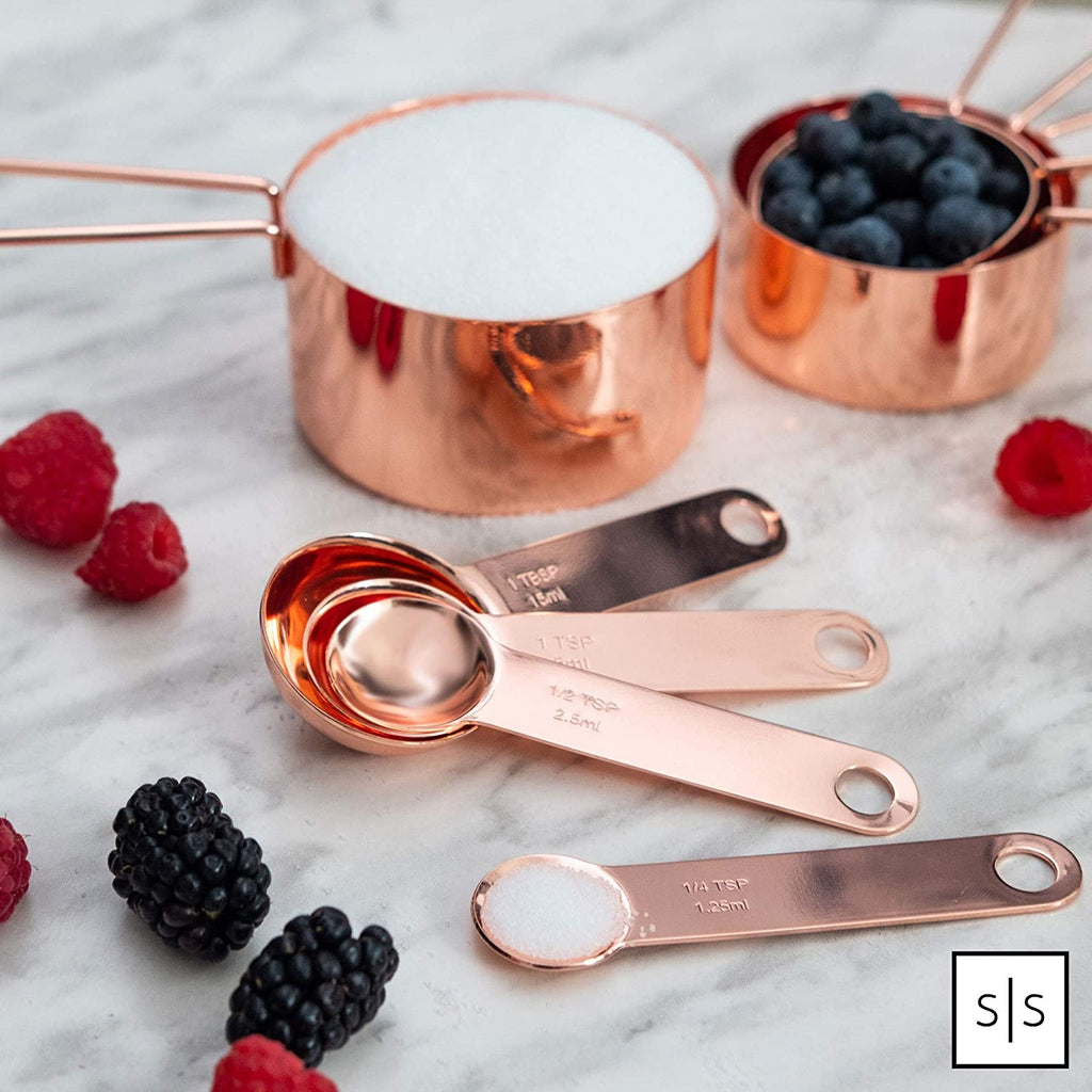 Copper Measuring Cups and Spoons Set, 8-Piece | Stainless Steel, Copper, 8-Piece Stackable Stainless Steel Metal Measuring Utensils, Copper / Rose Gold Kitchen Accessories